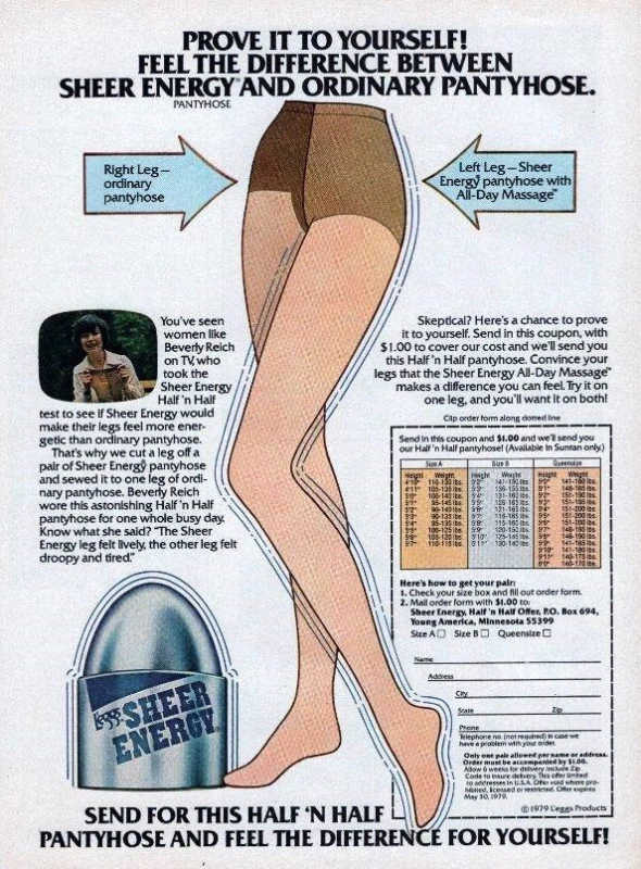 ubblicità L'eggs Sheer Energy 1979, collant Half'n Half