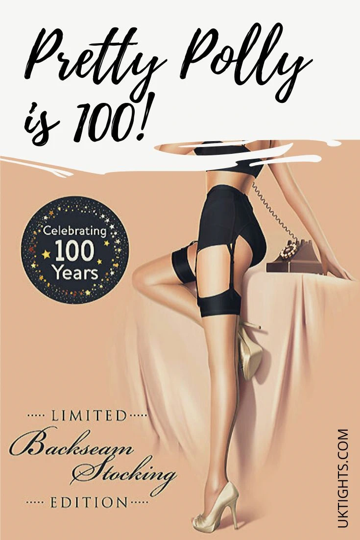 Pubblicità Pretty Polly centenario 2019 autoreggente con riga