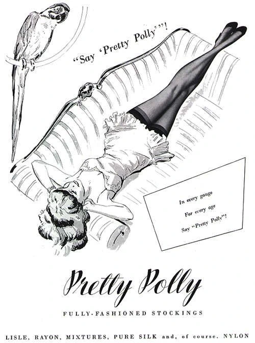  Pubblicità Pretty Polly anni 50 con pappagallo verde